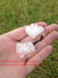 Fragmented pieces of a baseball-size hailstone near Paducah, TX